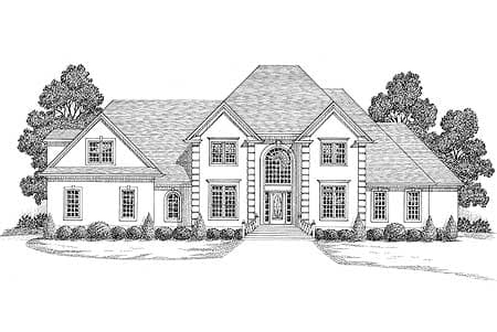House plan exterior drawing of a two-story home with a central arched entryway, symmetrical facade, and multiple gables.