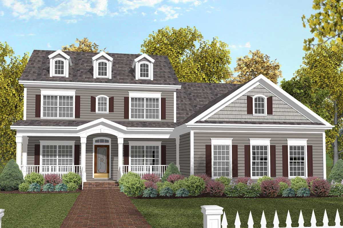House plan exterior: Two-story home with a gabled front, dormer windows, and a covered front porch with columns.