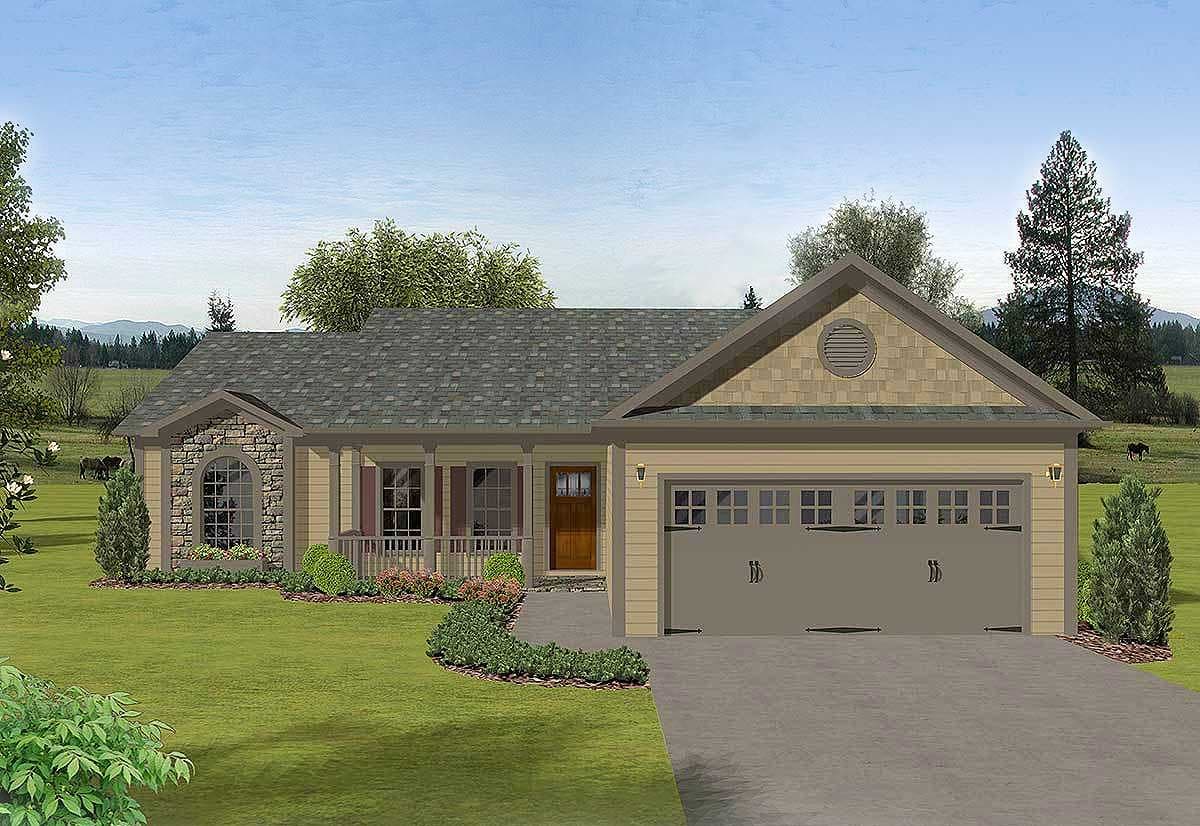 House plan exterior. Ranch style with stone facade accent, front porch with columns, and a gable over the garage with an arched vent.