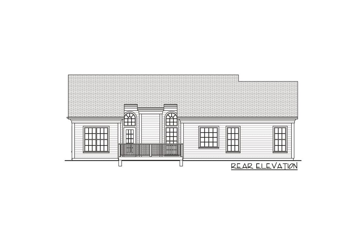Rear elevation of house plan showing a porch with railing, arched dormer windows, and multiple grid windows.