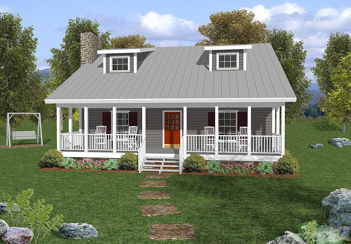 House plan exterior: One-story cottage with a wraparound porch, gabled dormers, and a stone chimney.