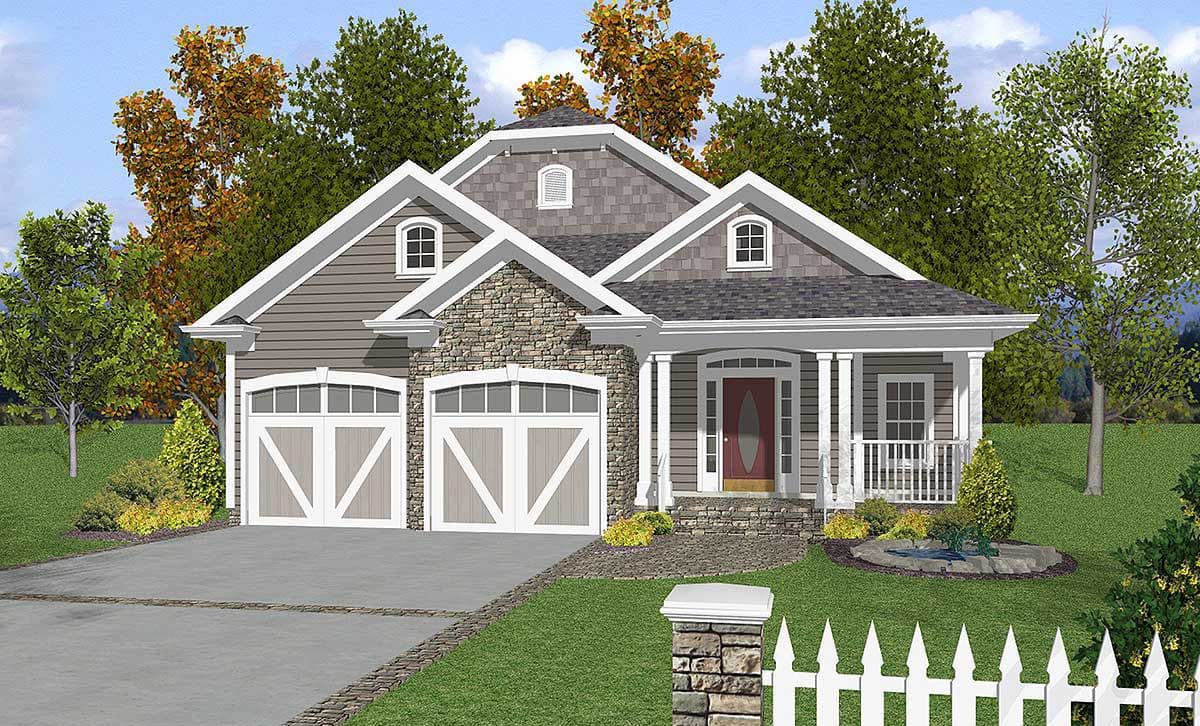 House plan exterior: Craftsman style, one-story with dual garage doors, stone accents, front porch with columns, and arched dormer windows.