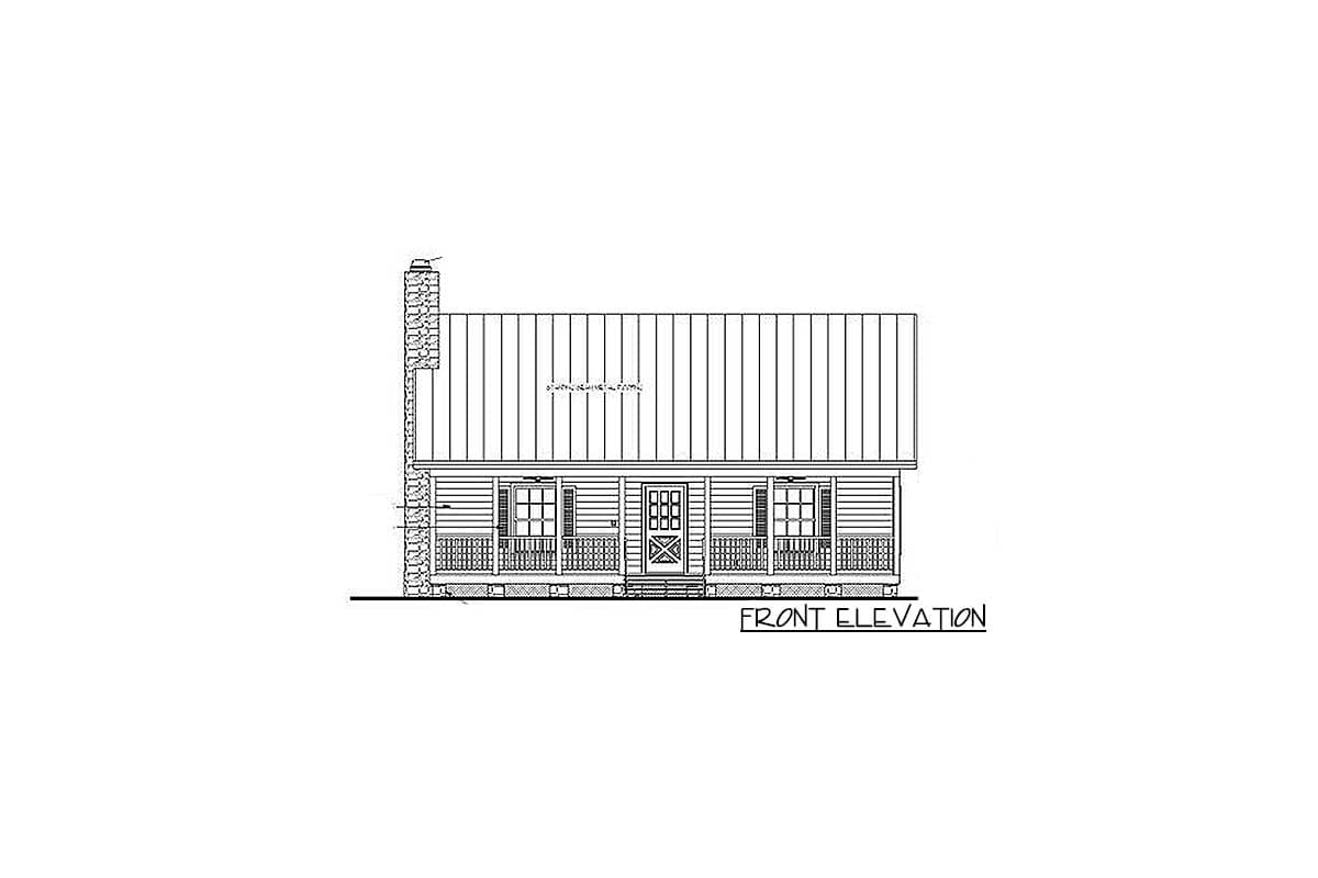Front elevation drawing of a one-story house with a stone chimney, porch, and gable roof.