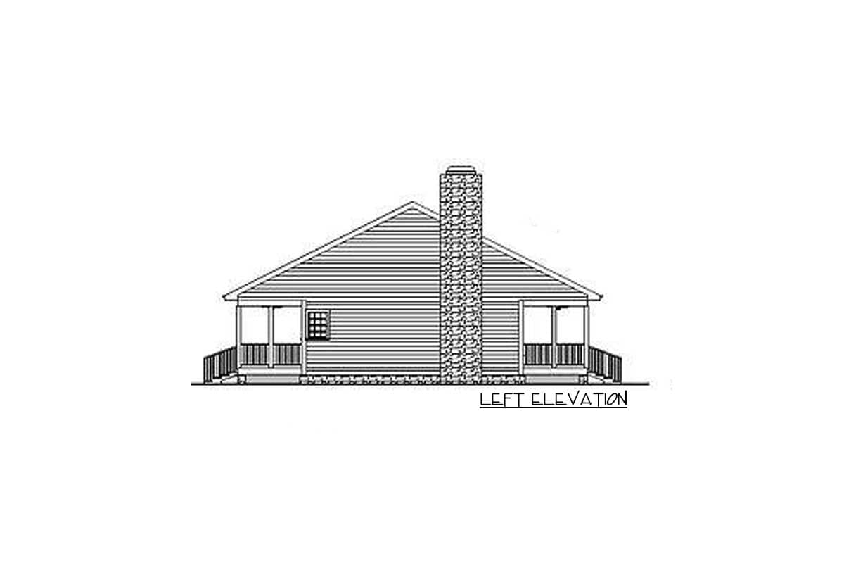 Left elevation drawing of a one-story house plan with a prominent stone chimney, gabled roof, and two covered porches.