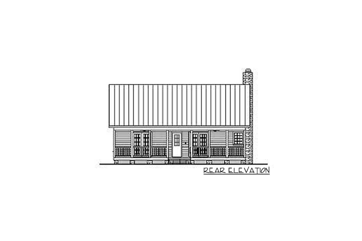 Rear elevation drawing of a house plan with a porch, double doors, and a stone chimney.