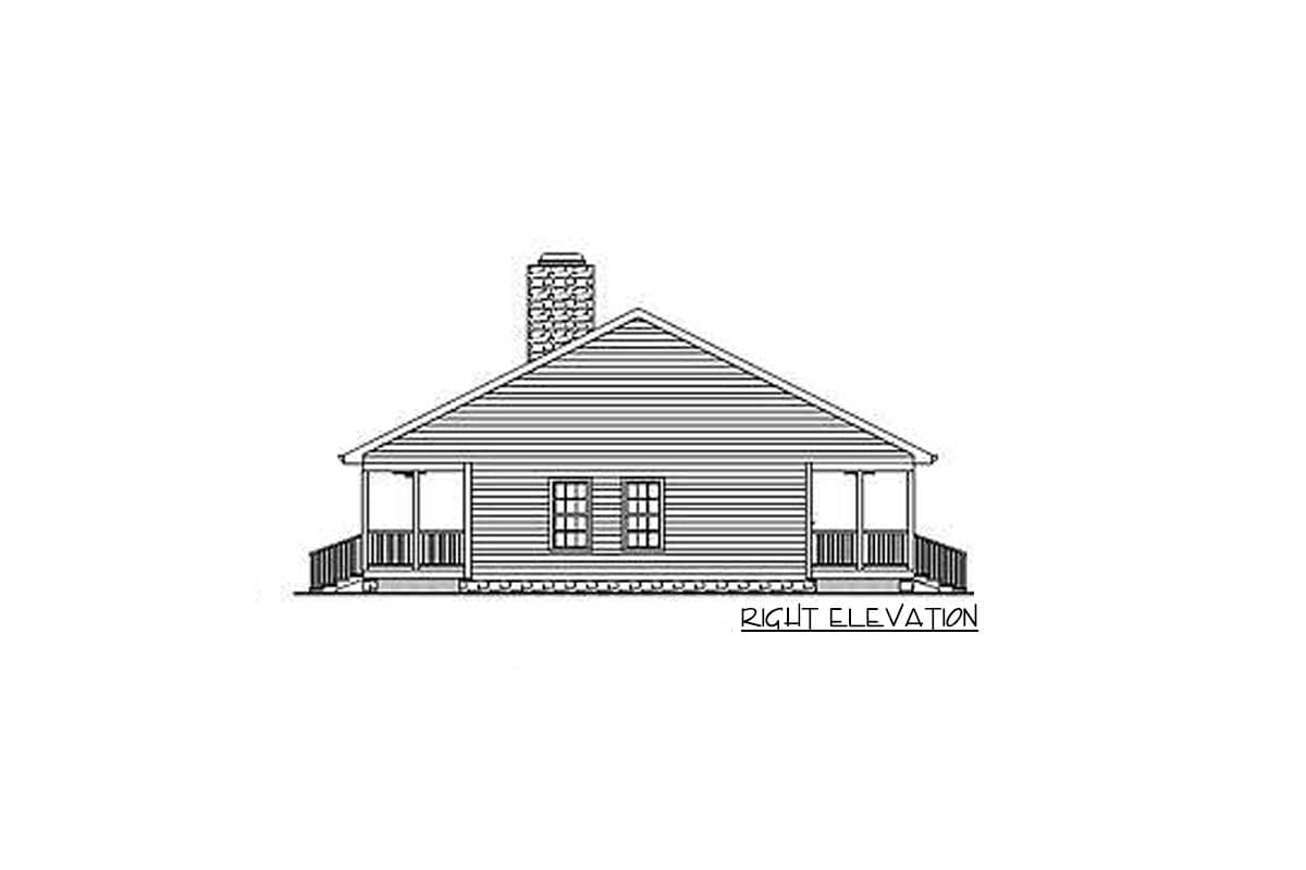 House plan right elevation of a one-story home with gabled roof, stone chimney, and covered porches.