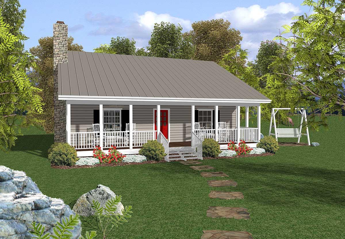 Cottage style house plan exterior with a full front porch, gable roof, and stone chimney.
