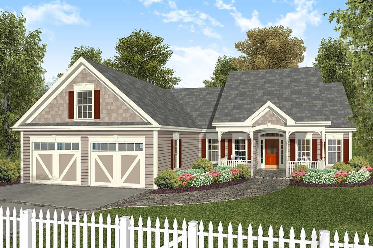 Exterior house plan: Ranch style with gable dormer, covered porch with columns, and a two-car front-entry garage.
