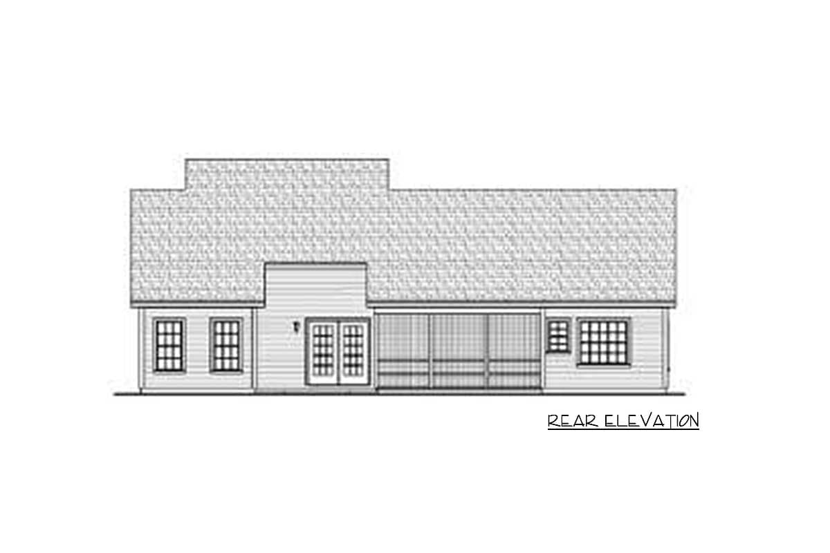 Rear elevation drawing of a house plan with double doors, a screened porch, and multi-pane windows.