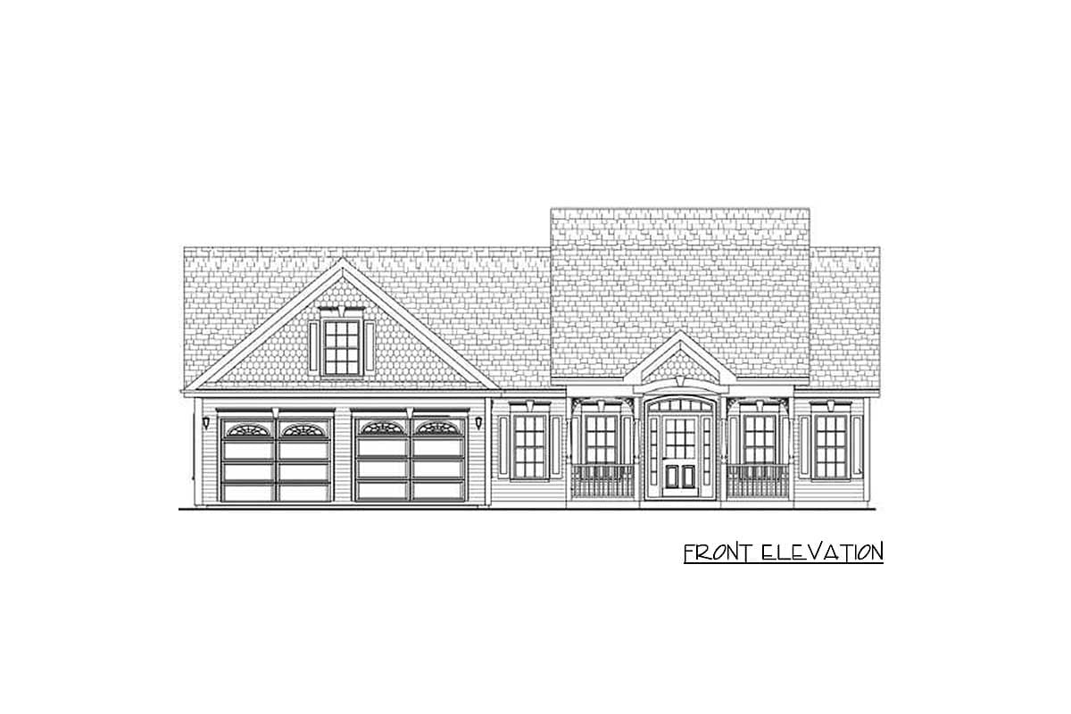 Front elevation drawing of a house plan with a three-car garage, covered entry with columns, and a central gable dormer.