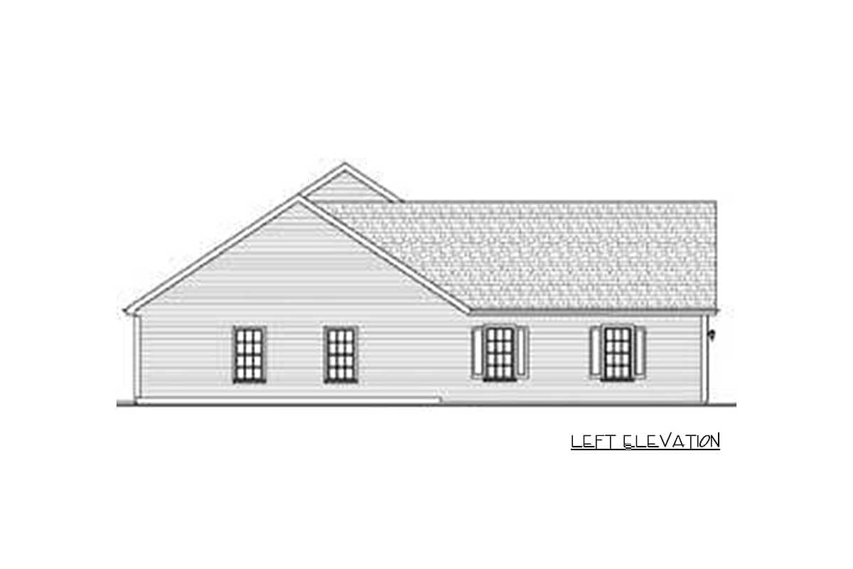 Left elevation drawing of a single-story house plan with siding, a gabled roof, and four grid windows.