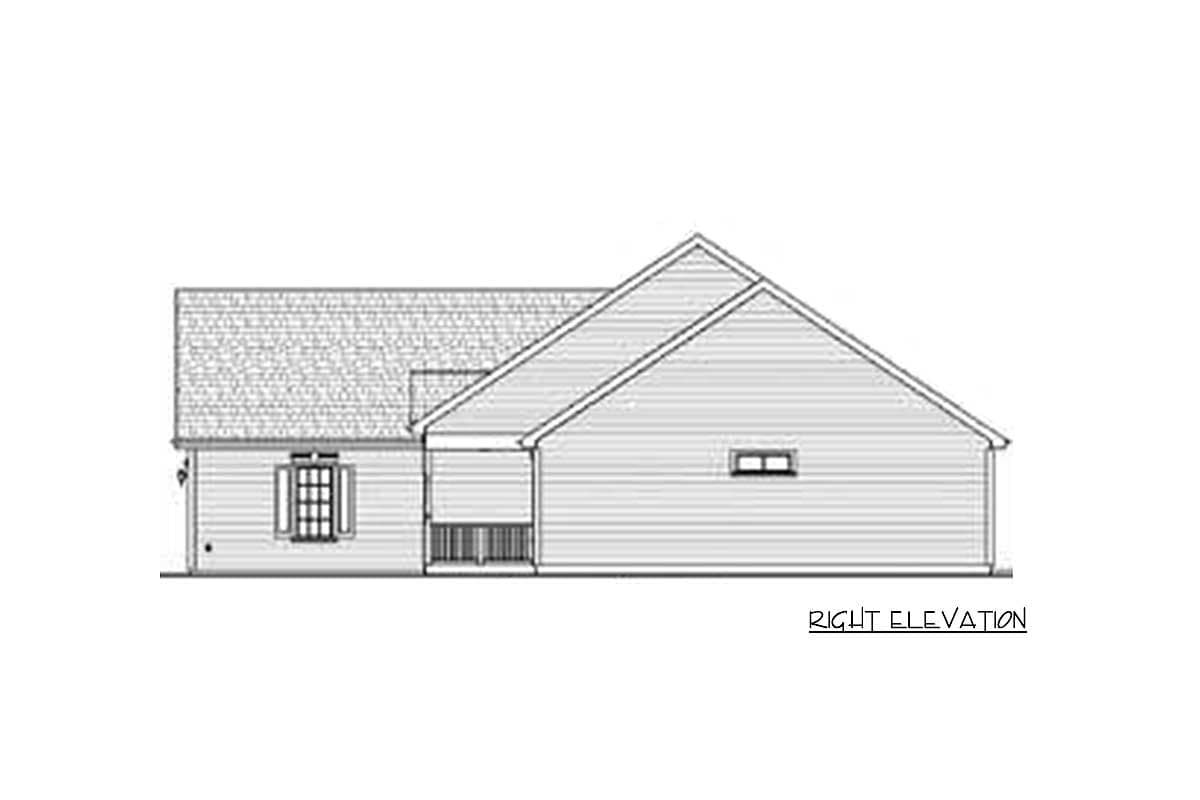 House plan right elevation drawing showing a single-story structure with a prominent gable end and a covered porch.