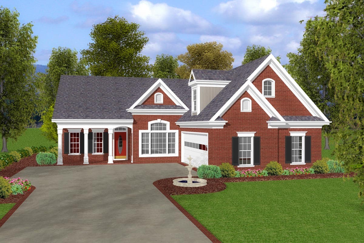 House plan exterior: Brick, one-story home with a front-gabled roof, covered porch with columns, and dormer.