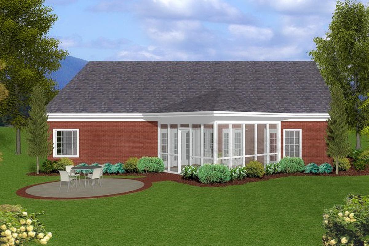 House plan exterior: Single-story brick home with a screened porch, multiple windows, and a circular patio.