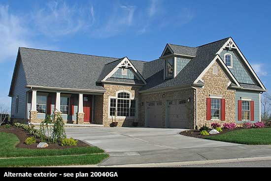 House plan exterior featuring stone and siding, gabled dormers, covered entry porch, and a three-car garage.
