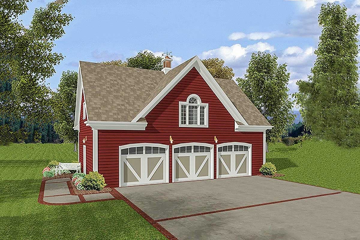 House plan exterior: red siding, gambrel roof, arched window, three-bay garage with decorative doors.