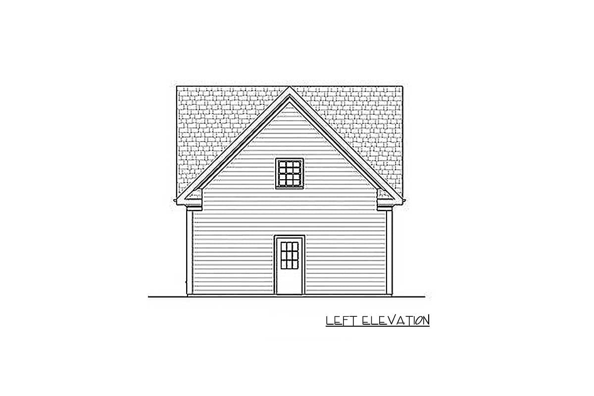Left elevation drawing of a house plan showing a gable roof, siding, a single door, and a dormer window.