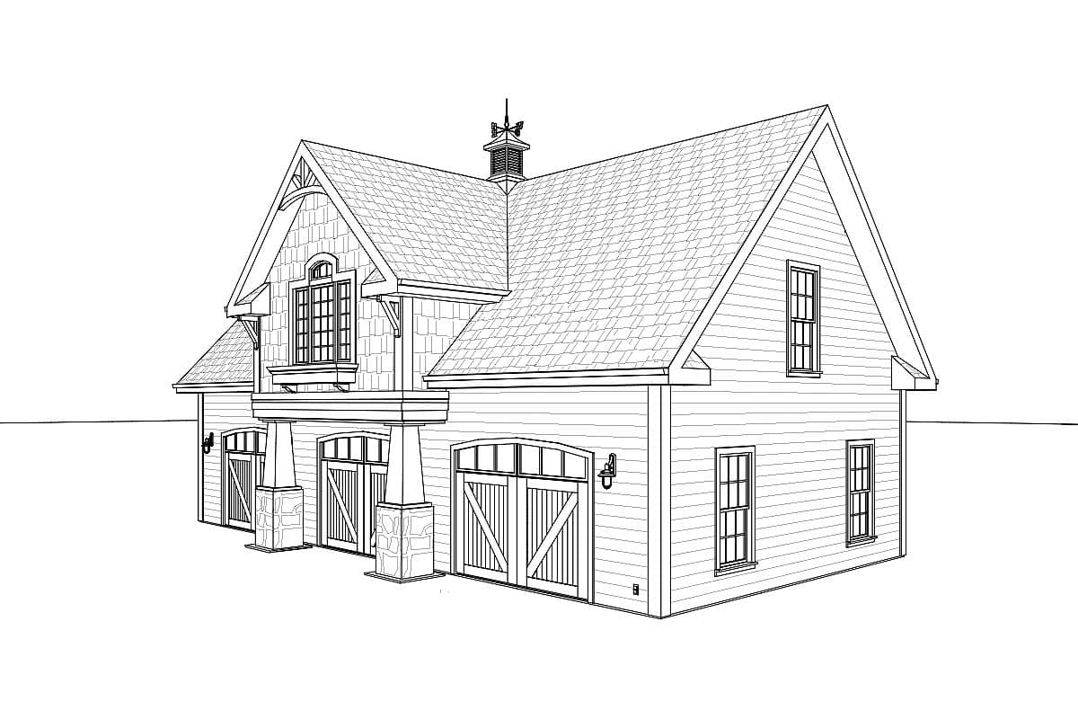 House plan exterior view of a two-story home with a prominent gable, dormer window, covered porch, and two-car garage.