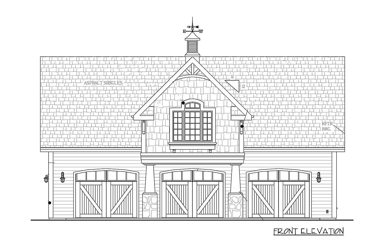 Front elevation drawing of a house plan with three garage doors, a dormer window, and a cupola.