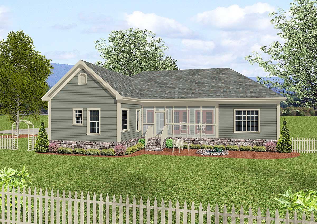 House plan exterior: One-story home with vinyl siding, stone foundation, gabled dormer, and screened-in porch.