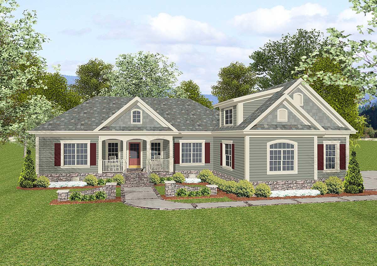 House plan exterior of a one-story home with stone accents, a covered porch with columns, and multiple gables.