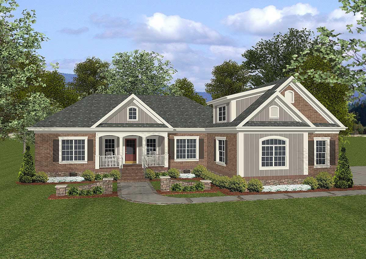 House plan exterior: Ranch style, brick and siding, covered front porch with columns, gables, and dormers.