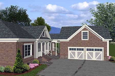 House plan exterior: Brick ranch with covered front porch, gabled dormer, and attached two-car garage.