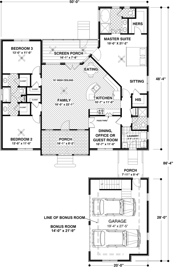 Plan 20045GA: One-story Brick Home Plan with 2-Car Courtyard-Entry Garage - Floor Plan - Main Level - Traditional