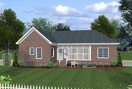 House plan exterior: Brick ranch with a gabled front, screened porch, and hip roofline.