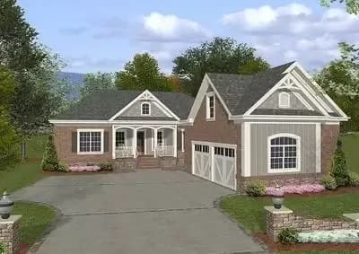 One-story Brick Home Plan with 2-Car Courtyard-Entry Garage