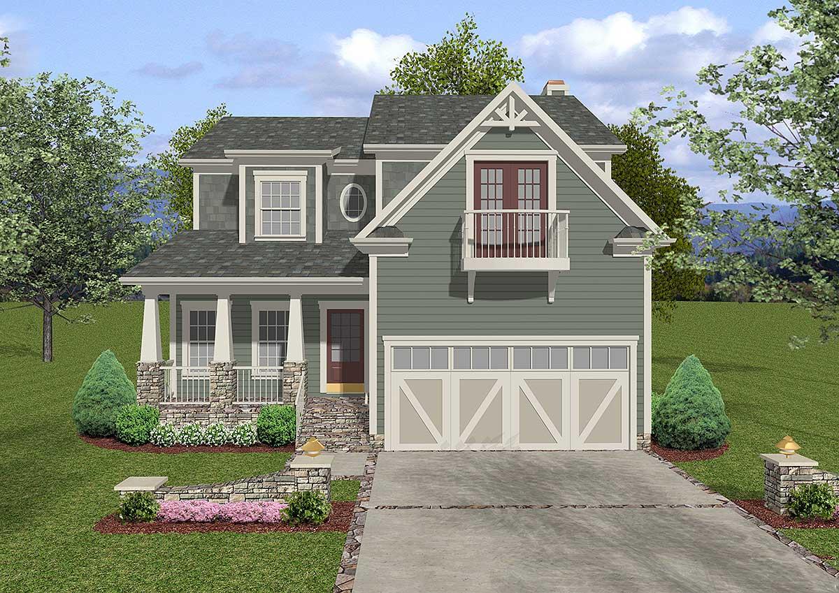 House plan exterior: two-story home with wrap-around porch, stone accents, dormer, and balcony above the two-car garage.
