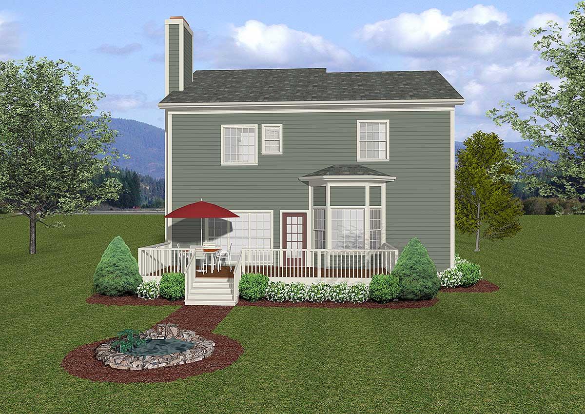 House plan exterior: Two-story house with clapboard siding, chimney, deck, bay window, and pitched roof.