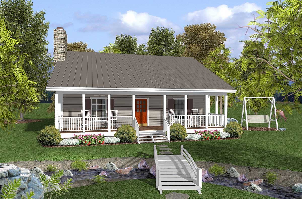 House plan exterior: Single-story cottage with full-width front porch, stone chimney, and metal gable roof.