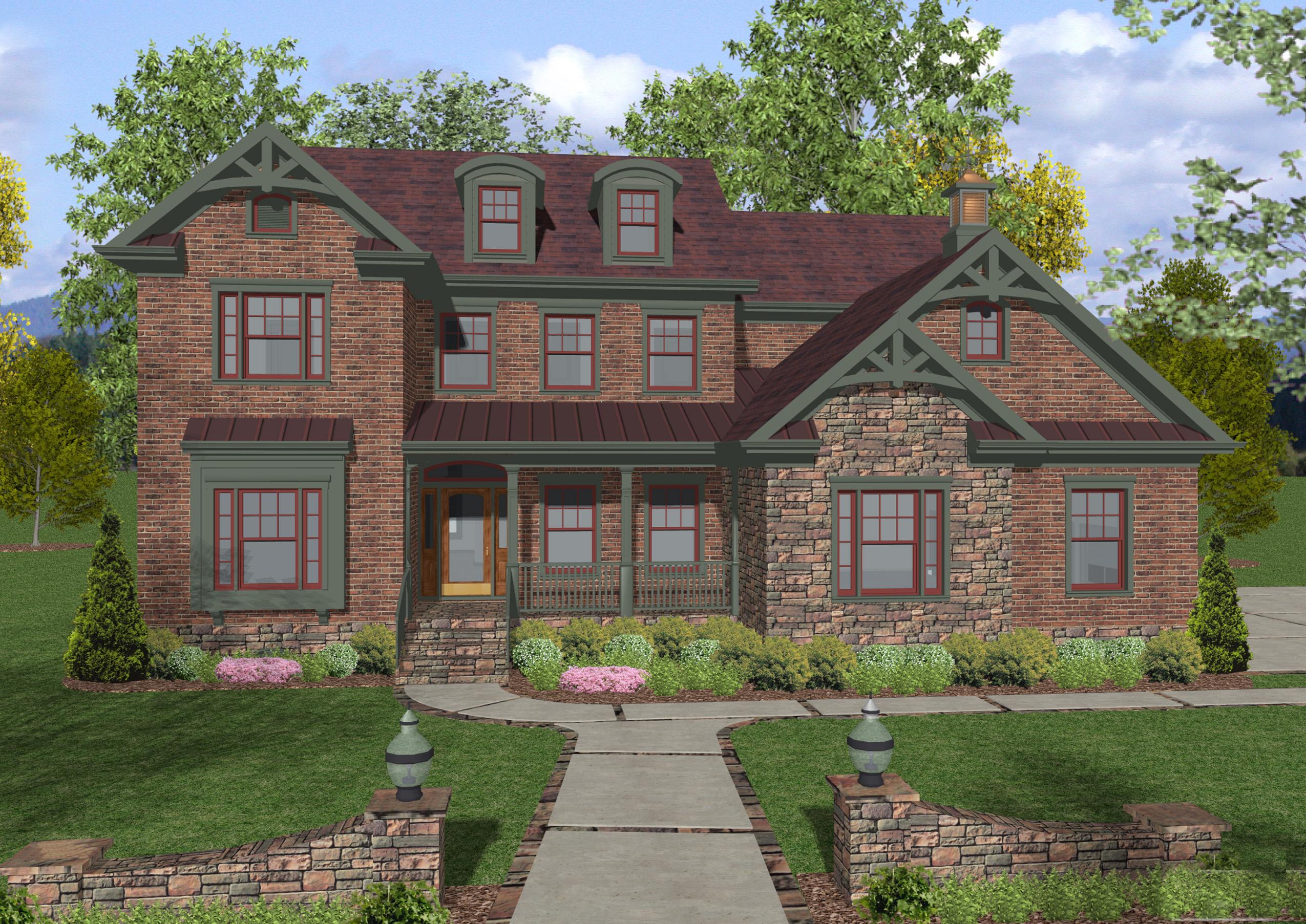 House plan exterior: two-story brick and stone home with a covered porch, multiple gables, and dormer windows.