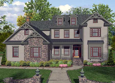 House plan exterior: Two-story home with stone and clapboard siding, prominent gables, dormer windows, and a covered front porch.