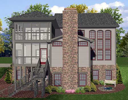 House plan exterior: two-story home with a prominent stone chimney, multi-level screened porch, and numerous arched windows.