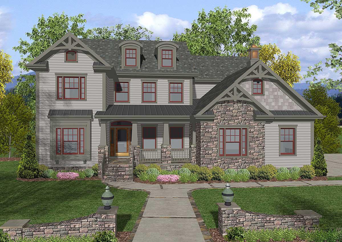 House plan exterior: Traditional style, three stories, prominent gables, covered porch, stone and siding facade.