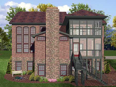 House plan exterior with brick facade, prominent stone chimney, multi-story glass sunroom, and arched windows.