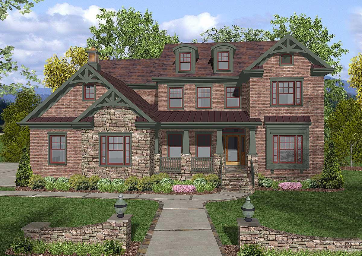 House plan exterior featuring brick and stone facade, gables with decorative brackets, dormers, and a covered front porch.