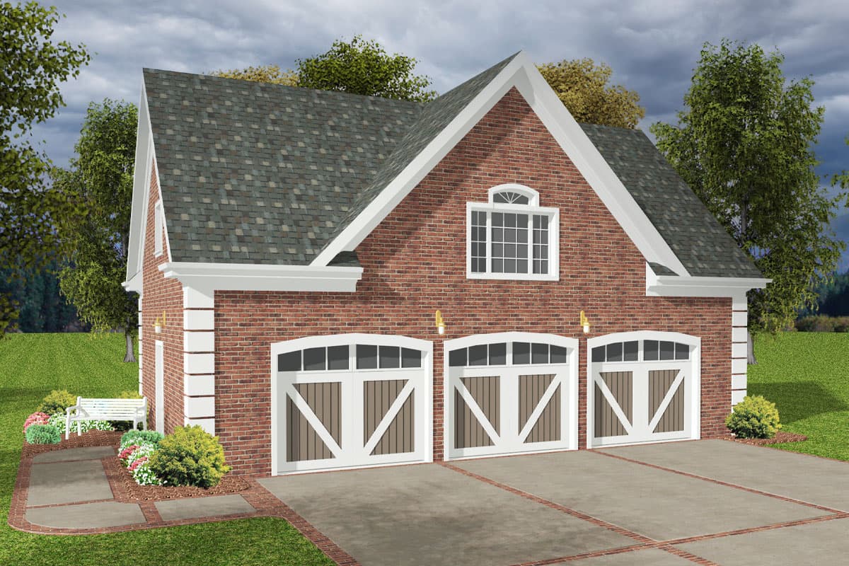 House plan exterior featuring a brick facade, three-car garage, and gable roof. Includes a decorative window and exterior trim detail.