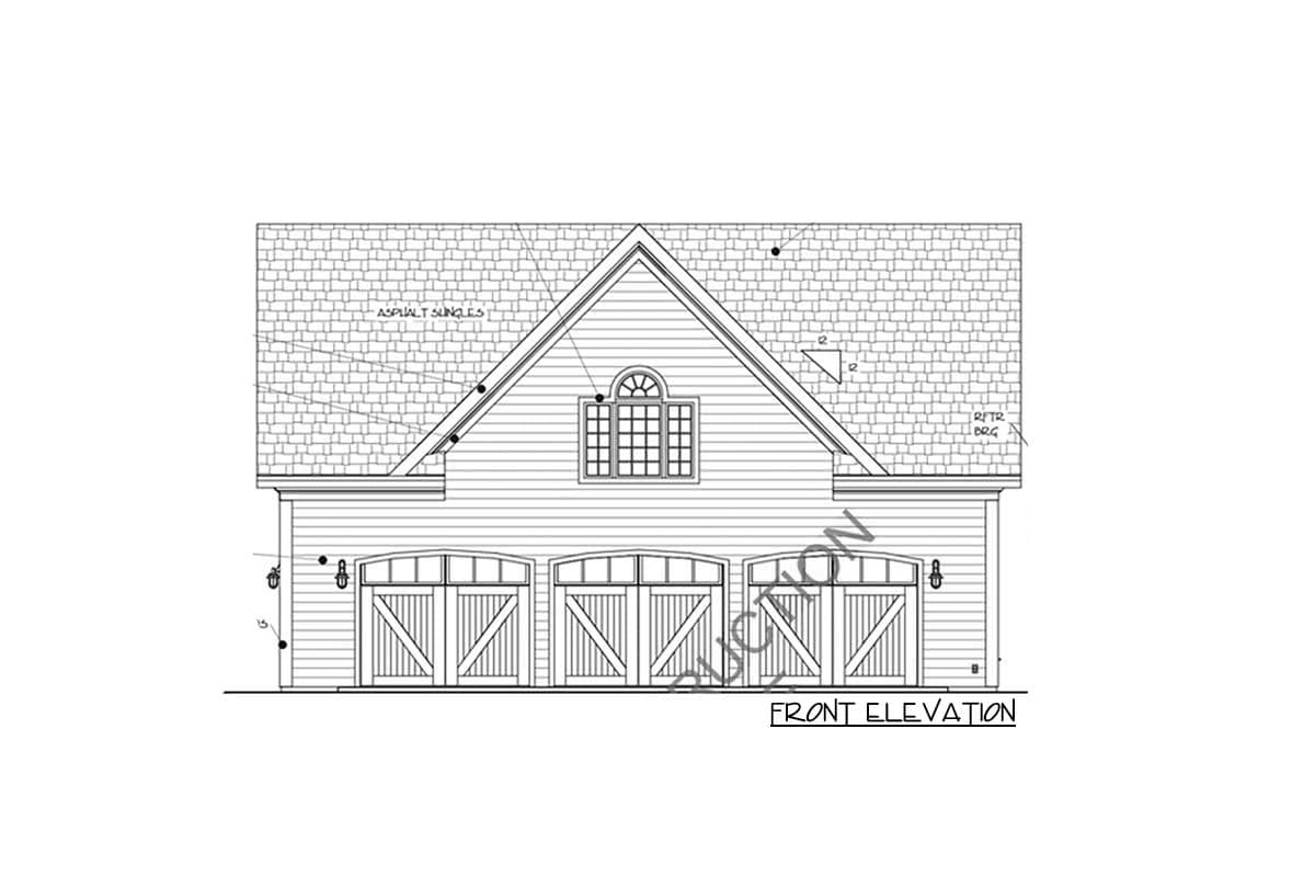 Front elevation of house plan with asphalt shingles, gable roof, arched window, and three carriage-style garage doors.