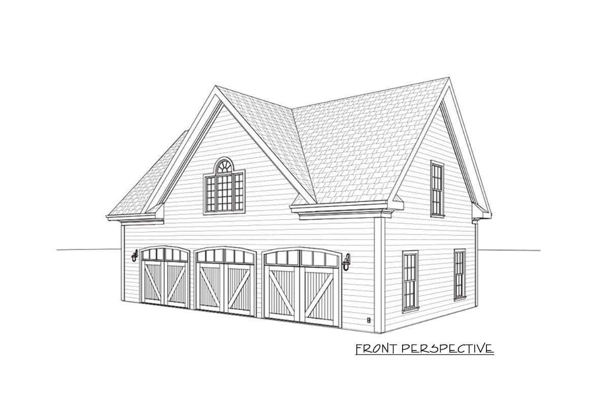 House plan exterior perspective shows a two-story building with three arched garage doors, multiple windows, and a prominent cross-gable roof.