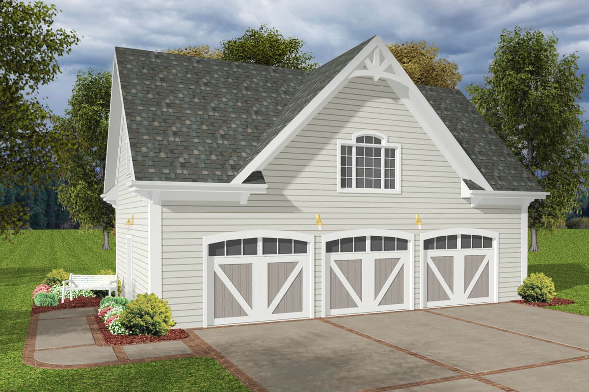 House plan exterior. Two-story structure with gable roof. Includes three-car garage, decorative gables, and a small window above the garage doors.