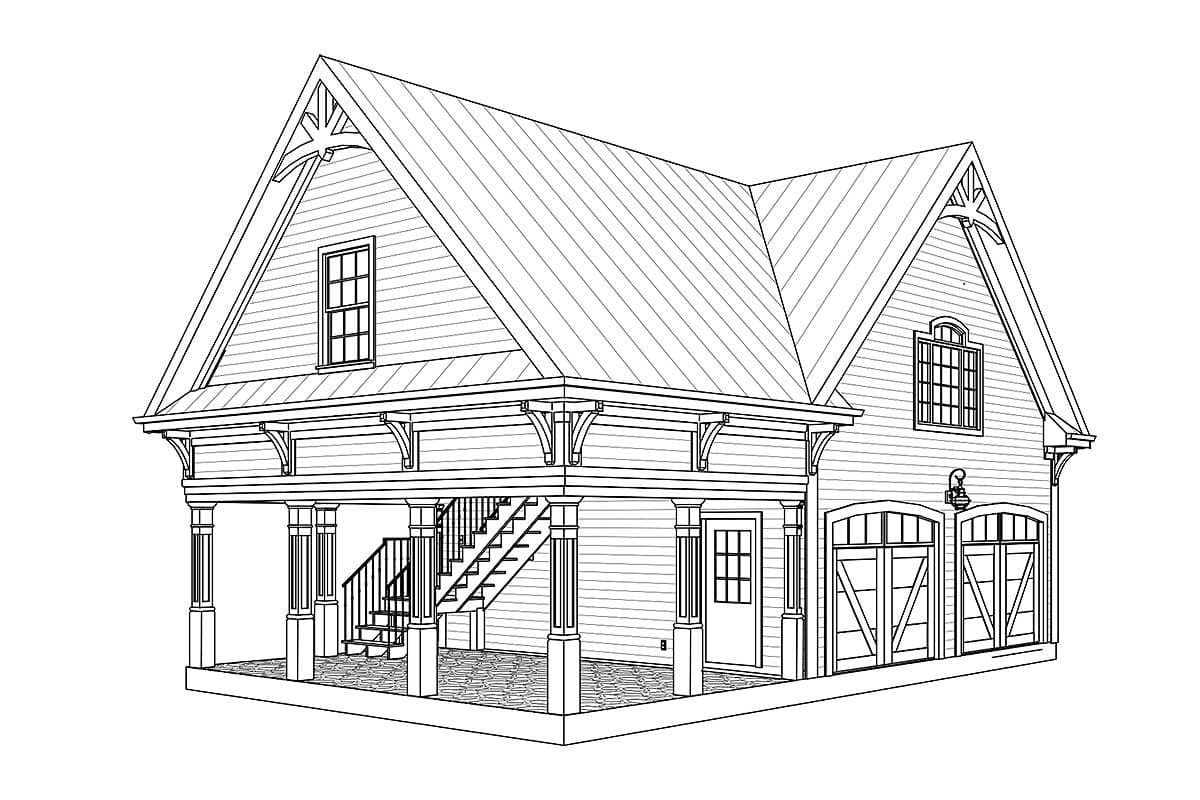 House plan exterior: Two-story structure with a prominent gable, double garage doors, a covered porch with stairs, and decorative brackets.