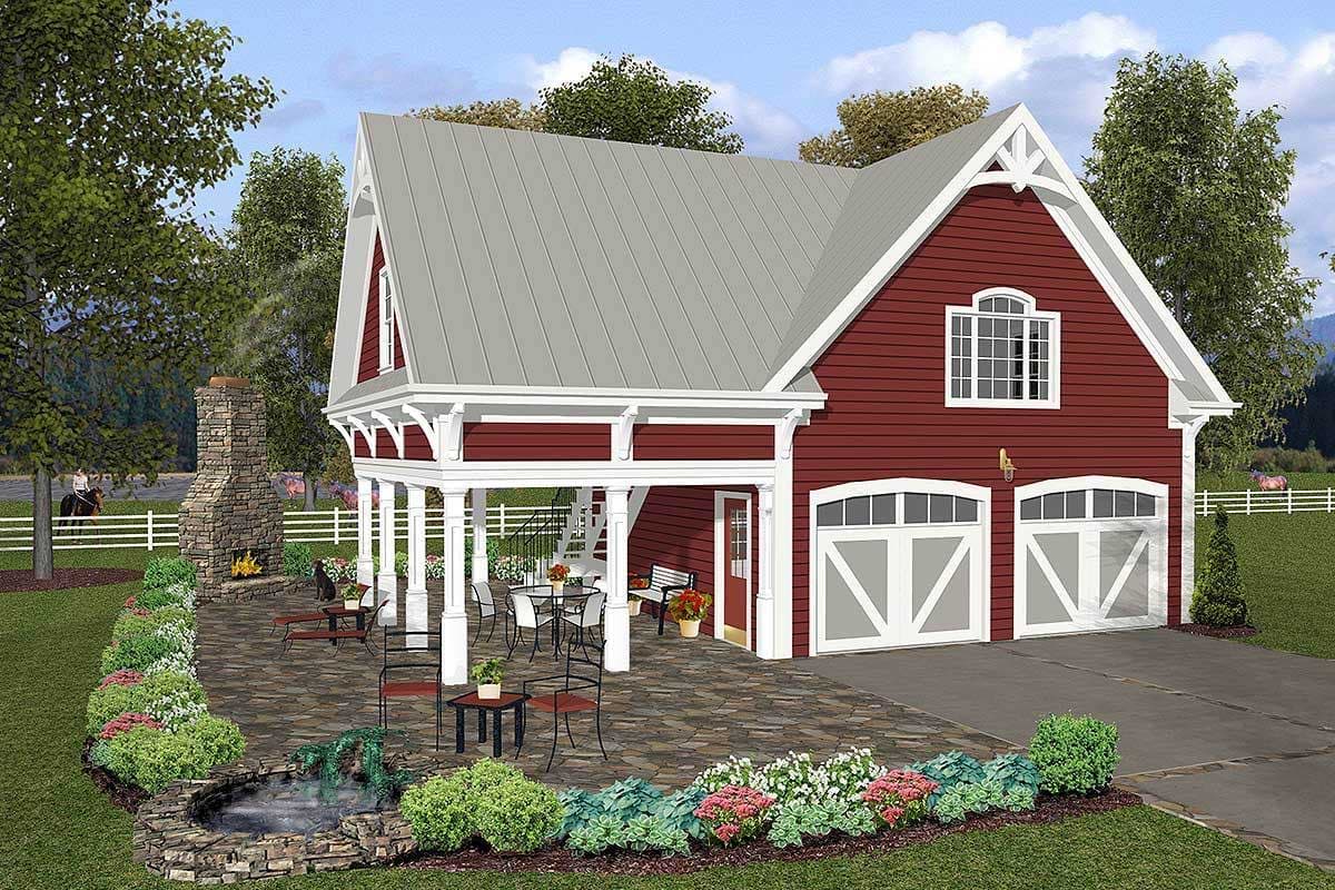 House plan exterior: Red siding, gambrel roof, attached two-car garage with arched doors, covered patio with stone fireplace.