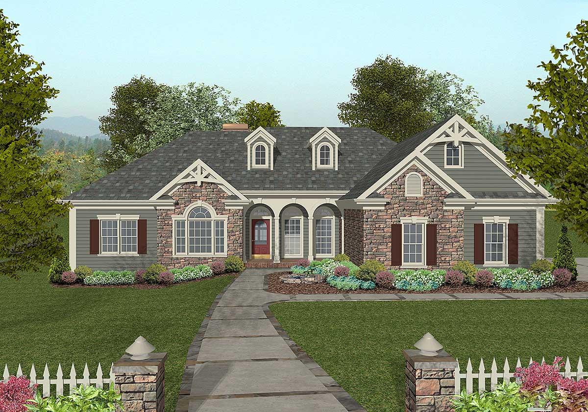 House plan exterior of a one-story home featuring stone accents, arched windows, dormers, and a covered entryway with arches.