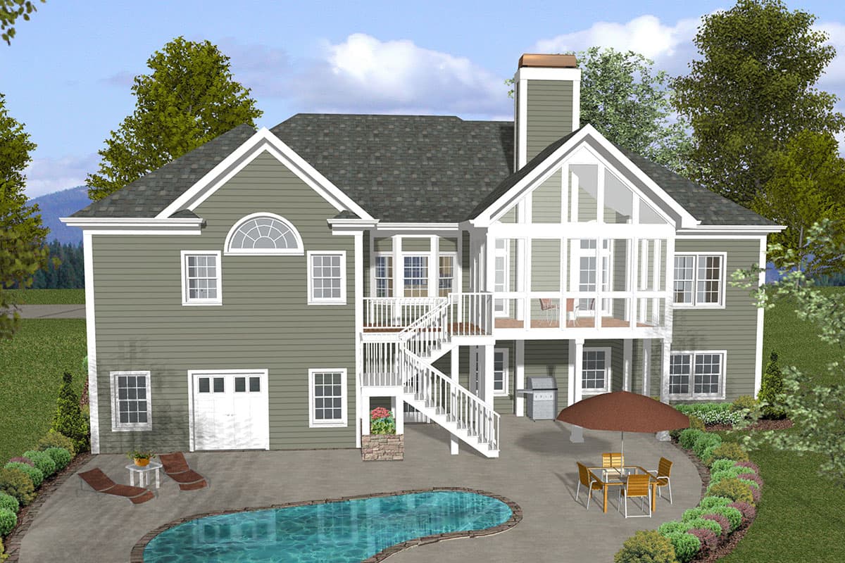 House plan exterior: Two-story home with garage, arched dormer, white railings, outdoor stairs, and a swimming pool.