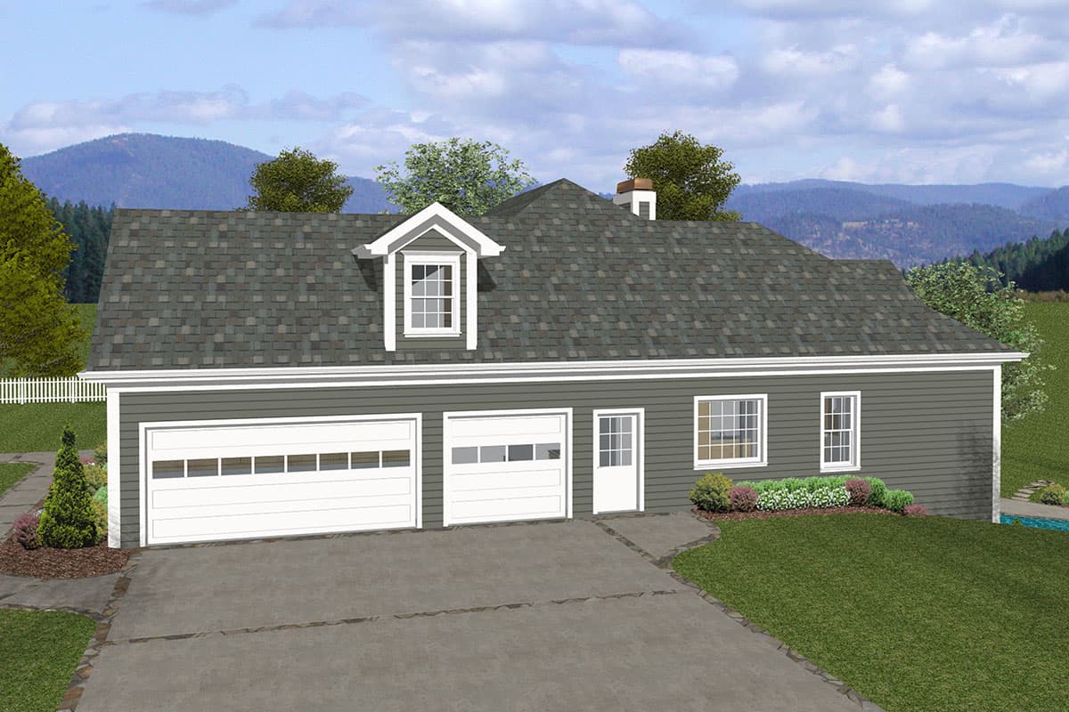 House plan exterior: Ranch style, two-car garage, dormer window, gable roof, and central chimney.