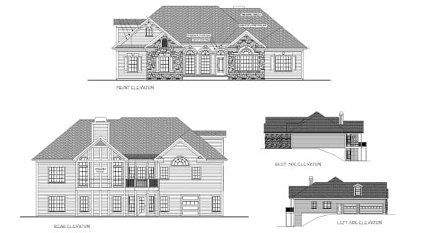 Architectural house plan showing front, rear, right, and left elevations. Features include stone accents, gables, dormers, and a three-car garage.