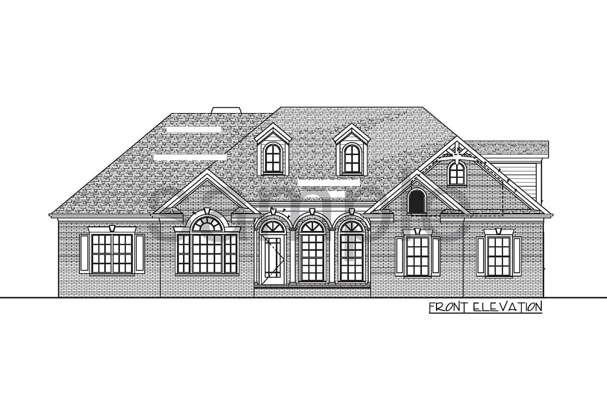 Front elevation of a two-story house plan featuring arched windows, dormers, and a prominent gable.